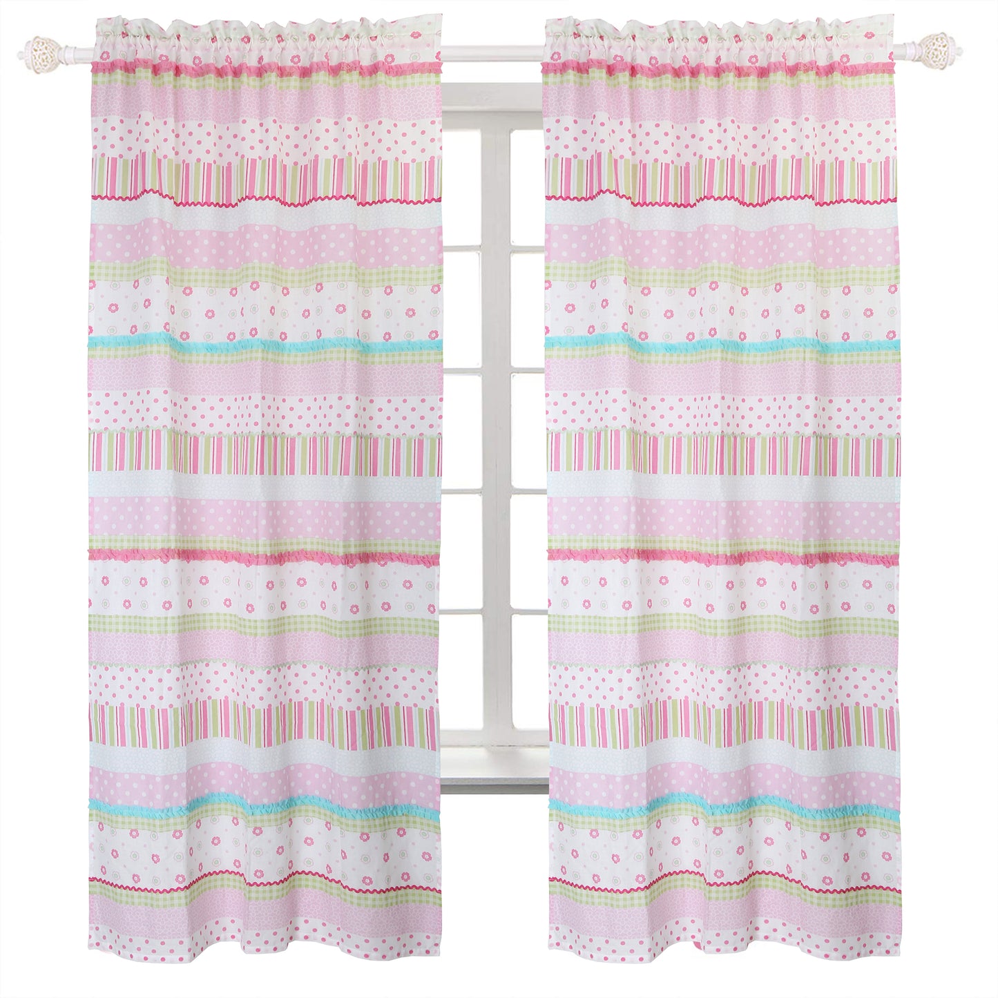 Greta Floral Striped Pink Polka Dot Window Curtain Panel/Drapes