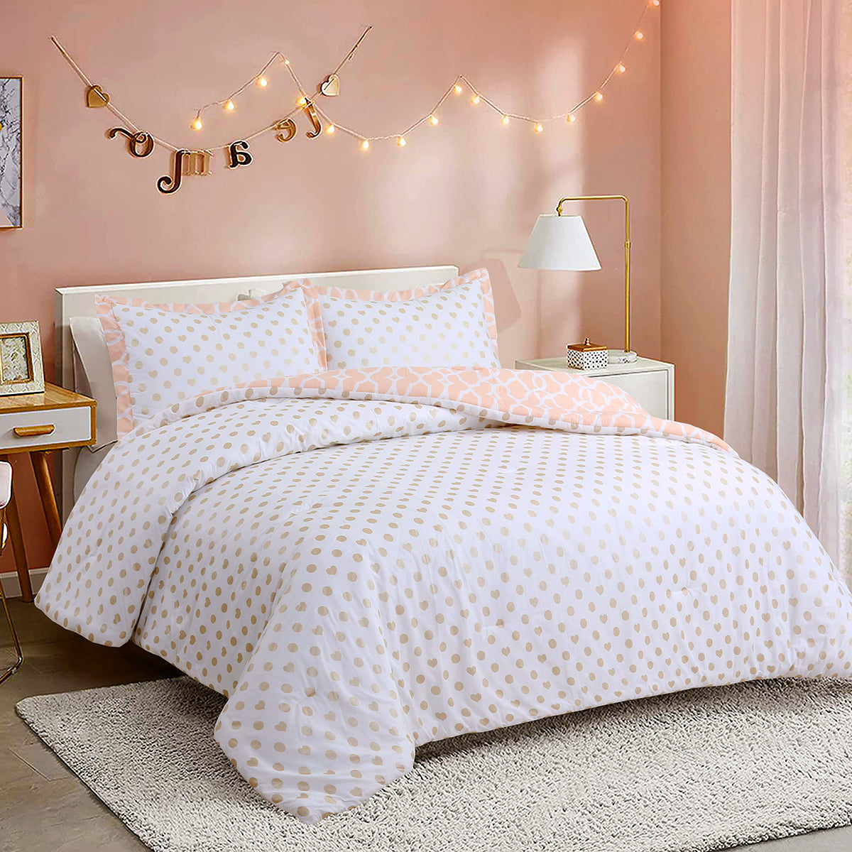 Peach Gold Heart Polka Dot Reversible Comforter Bedding Set