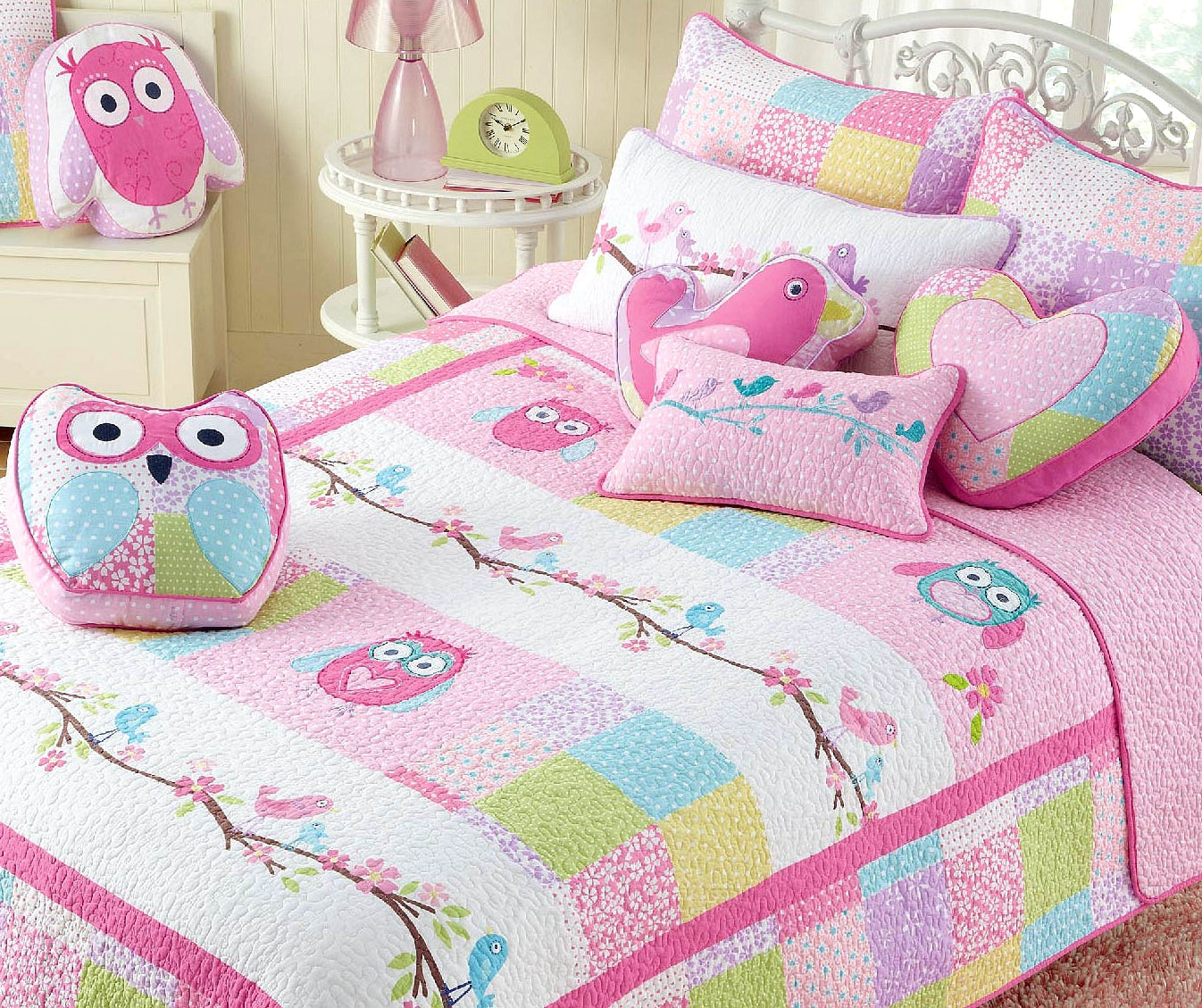 Pink Owl Print Patchwork Cotton Reversible Quilt Bedding Set