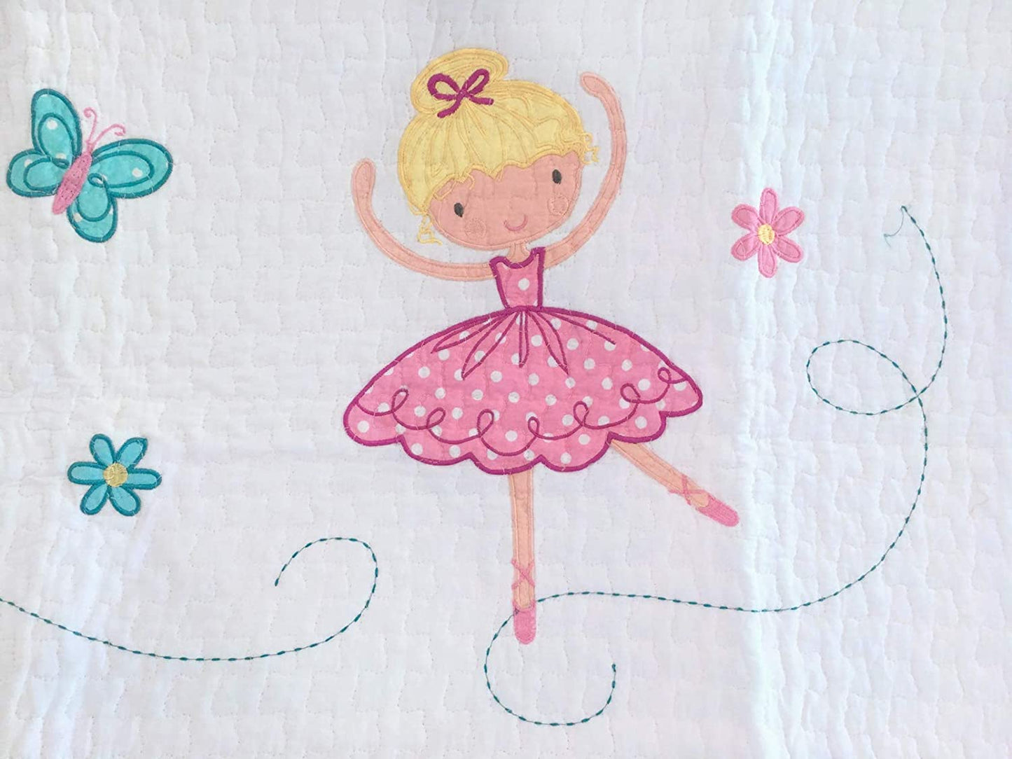 Ballerina Girl Pink Floral Dot Print Patchwork Cotton Reversible Quilt Bedding Set
