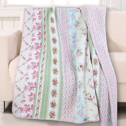 Wild Rose Enchantment Floral Bloom Garden Stripe Quilted Reversible Throw Blanket