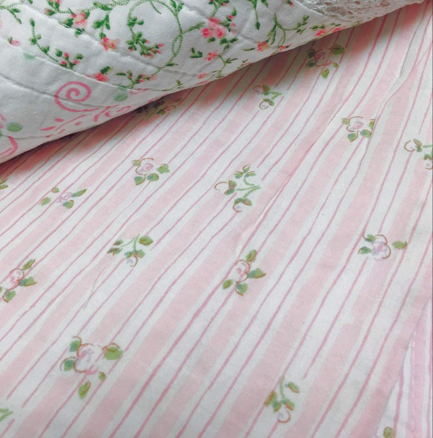 Romantic Chic Lace Ruffle Pink Real Patchwork Cotton Reversible Quilt Bedding Set