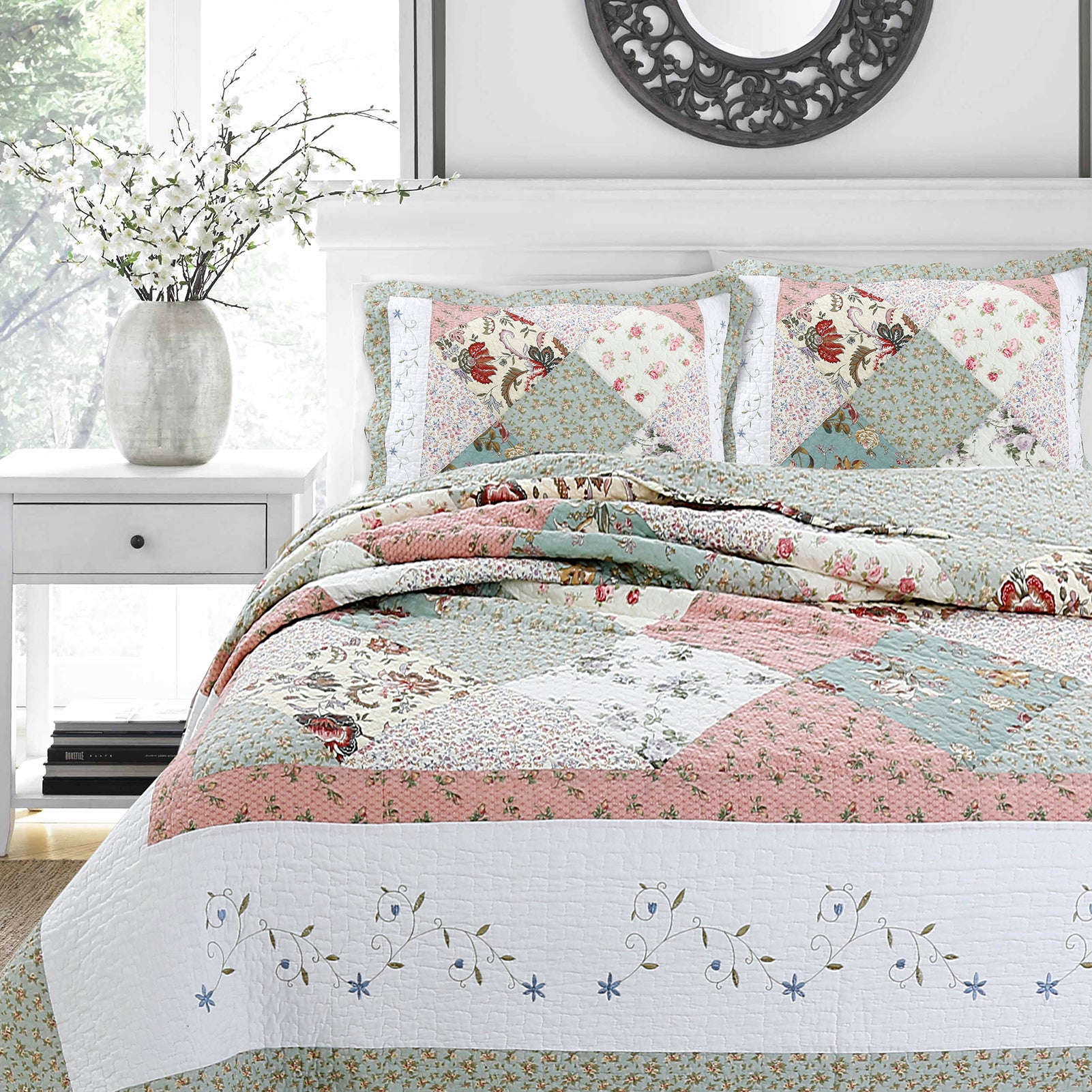 KING SIZE Grace Celadon Real Patchwork Embroidered Scalloped Edge Cotton Reversi