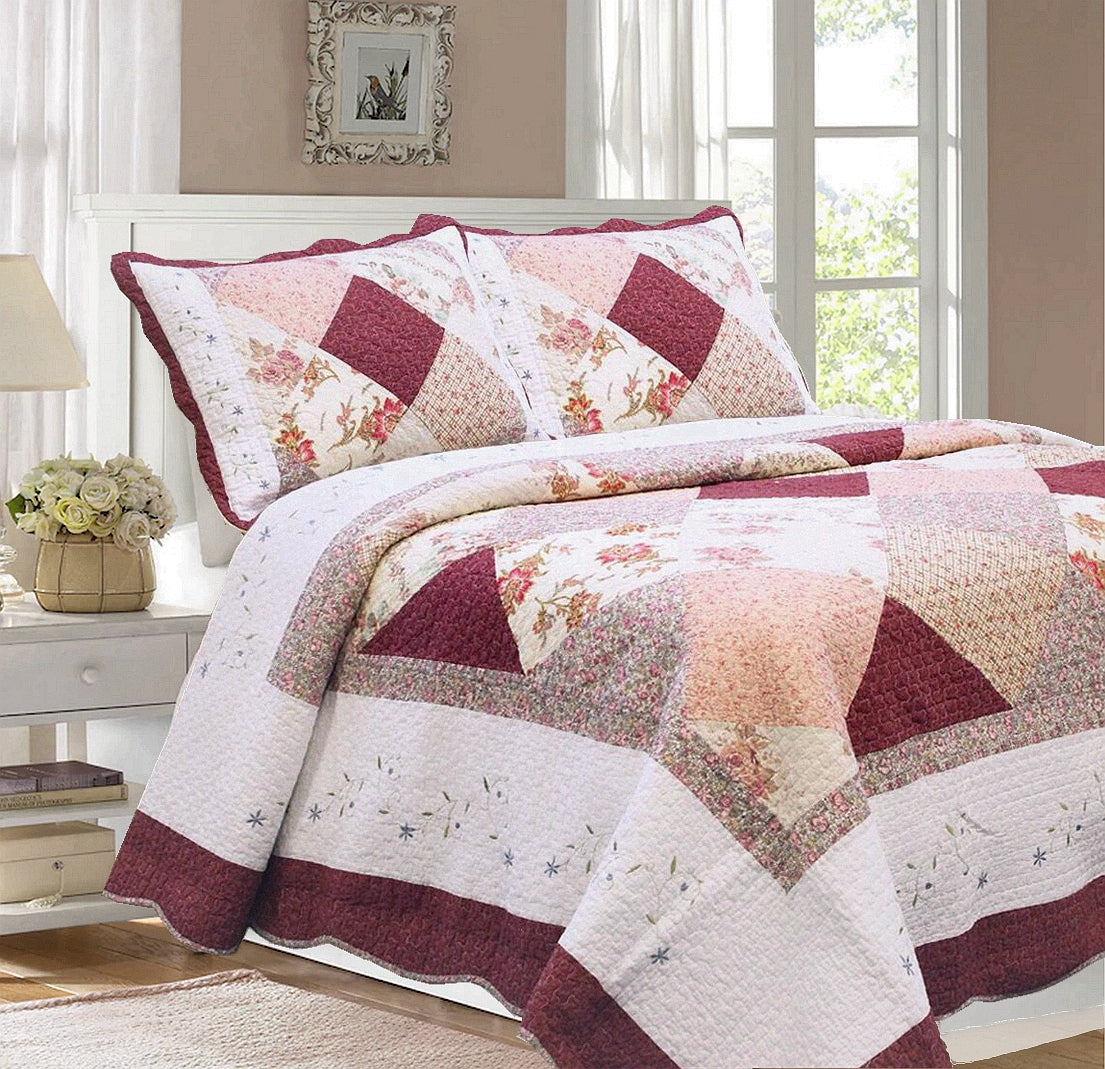 Grace Burgundy Real Patchwork Embroidered Scalloped Edge 3-Piece Cotton Reversible Quilt Bedding Set