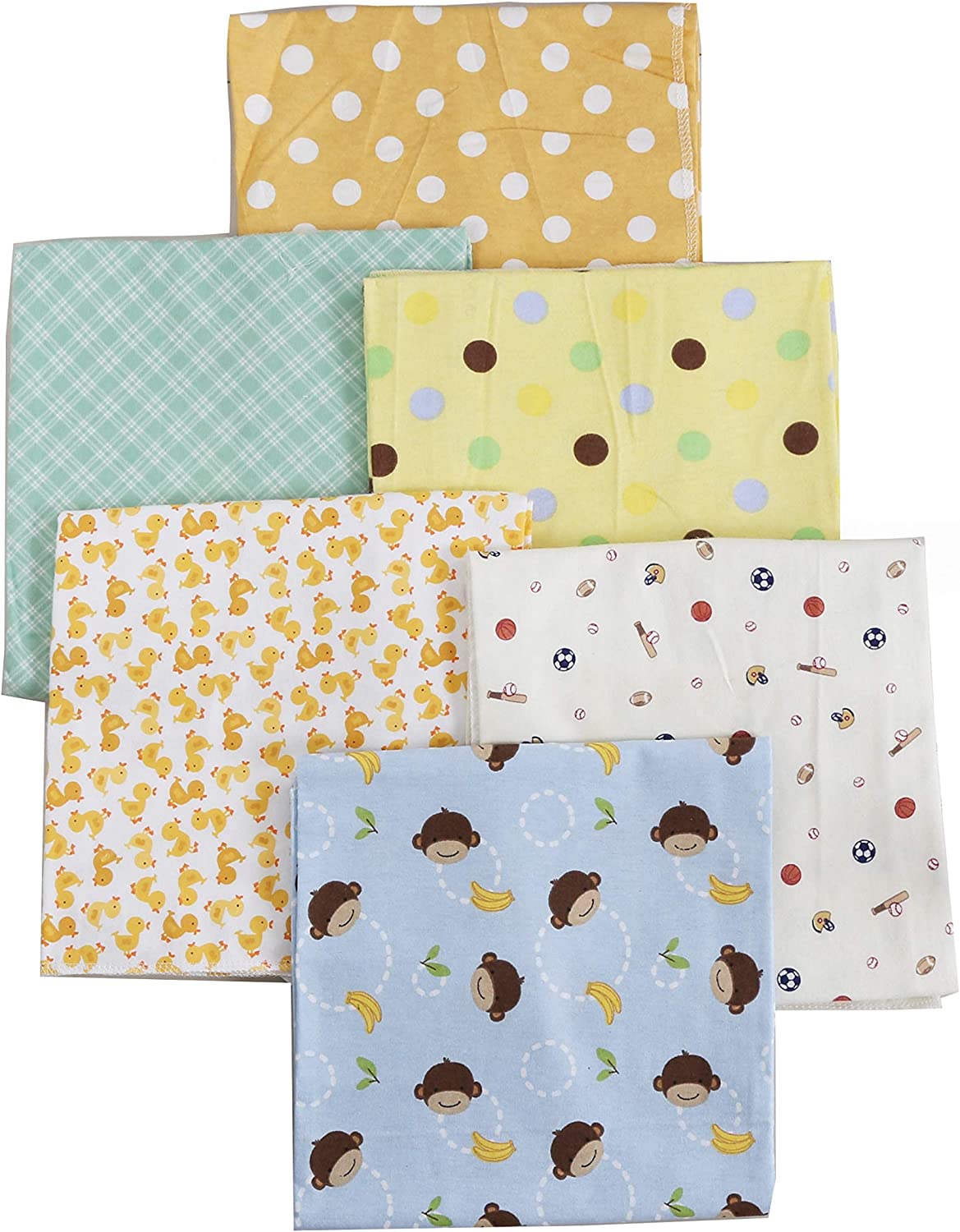 Receiving Blankets Unisex Yellow Duckling Polka Dot Blue Monkey Sports Cotton Flannel, 6-Pack, 30'' x 38'' (Yellow001)