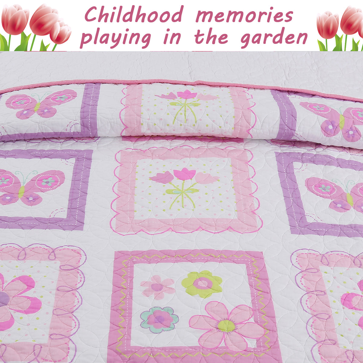 Butterfly Flower Pink Print Patchwork Twin Cotton Reversible Quilt Bedding Set