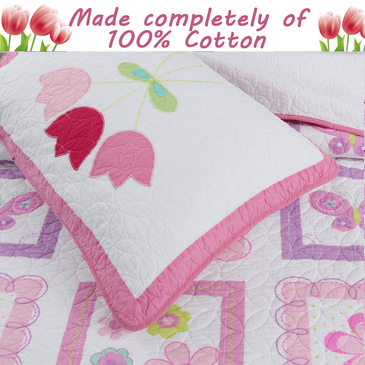 Butterfly Flower Pink Print Patchwork Twin Cotton Reversible Quilt Bedding Set