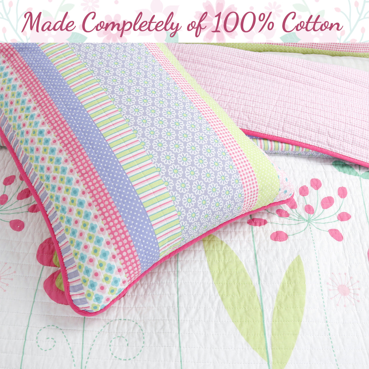 Blossom Floral Pink Purple Stripe Print Cotton Reversible Quilt Bedding Set