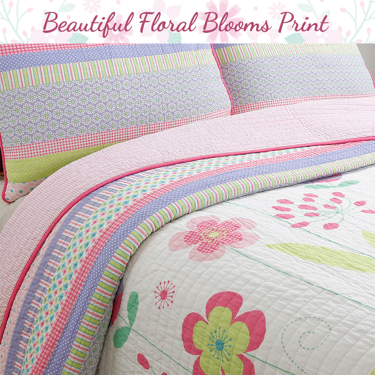 Blossom Floral Pink Purple Stripe Print Cotton Reversible Quilt Bedding Set
