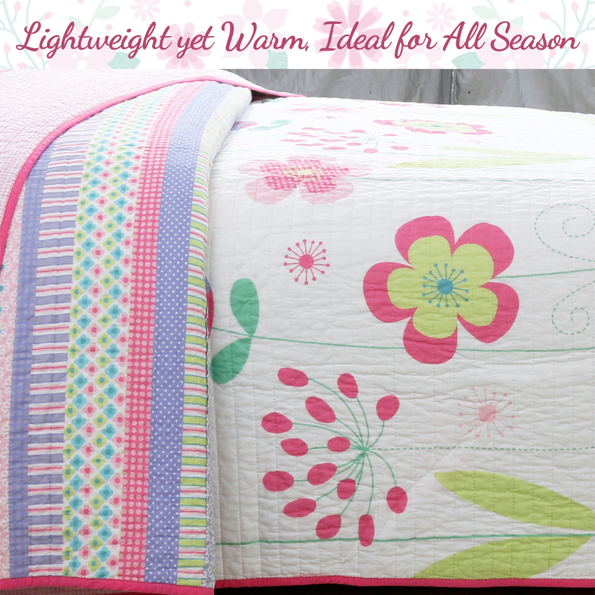 Blossom Floral Pink Purple Stripe Print Cotton Reversible Quilt Bedding Set