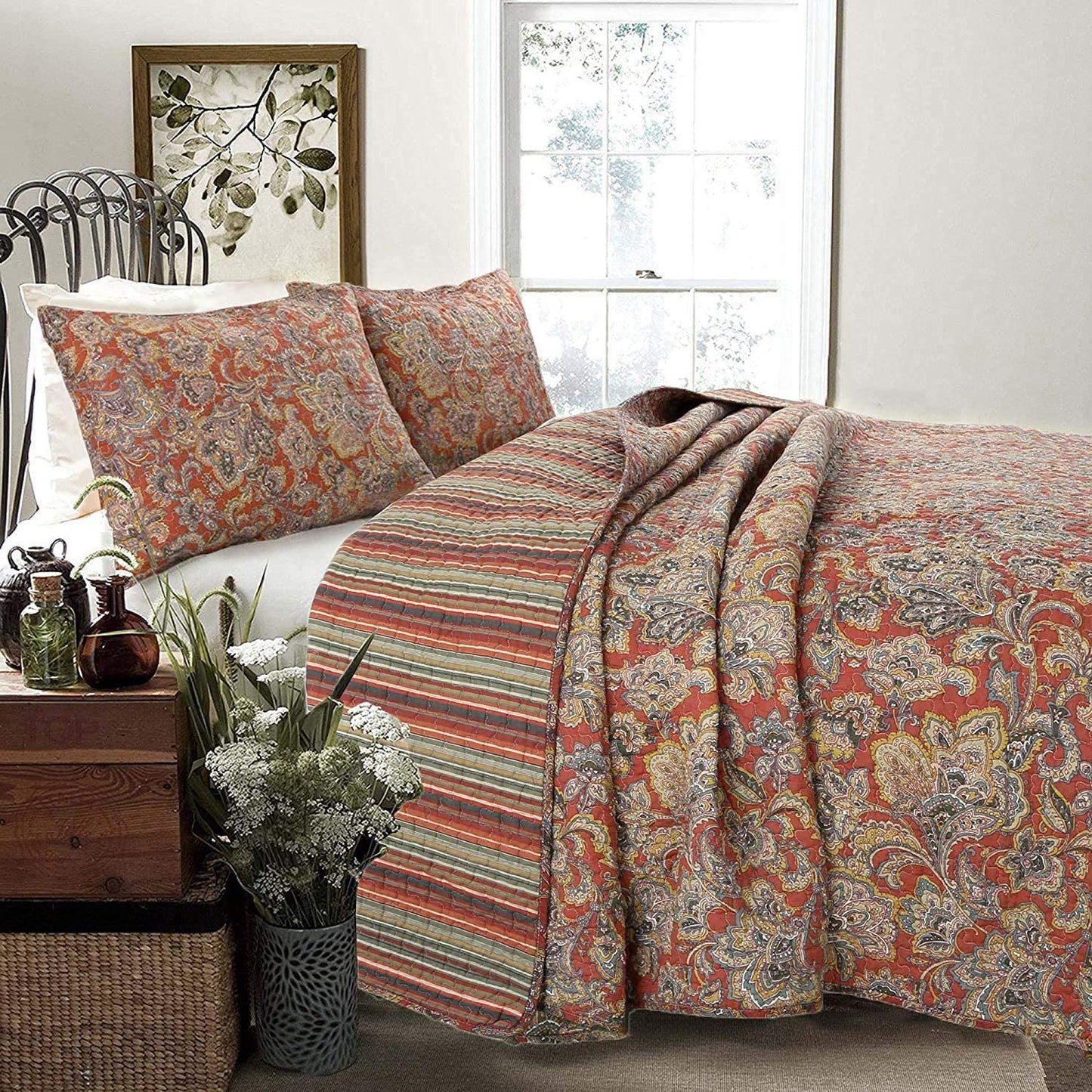 Lara Paisley Vintage Rustic Bronze Country Fall Floral Copper Cotton Reversible Quilt Bedding Set