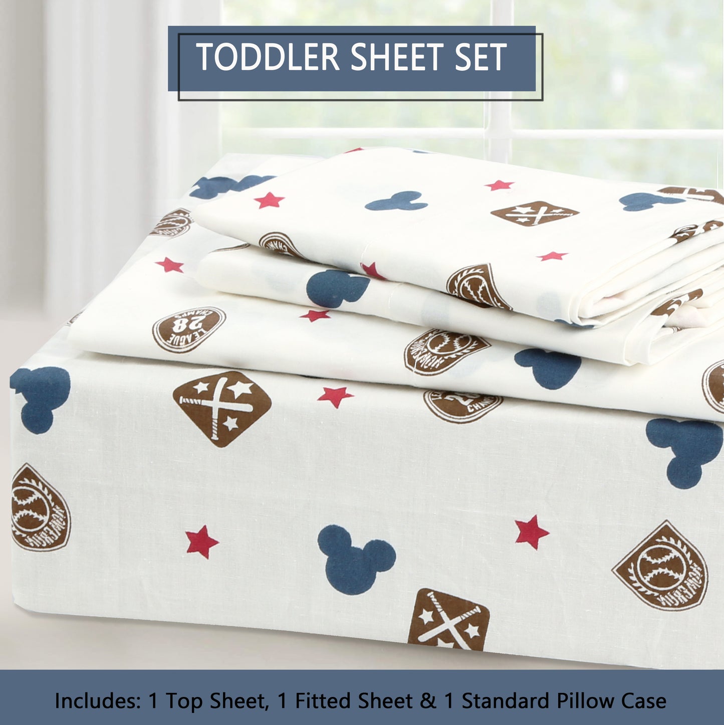 3-Piece Crib/Toddler Cotton Sheet Set Blue Brown MVP Sports Baseball Mickey