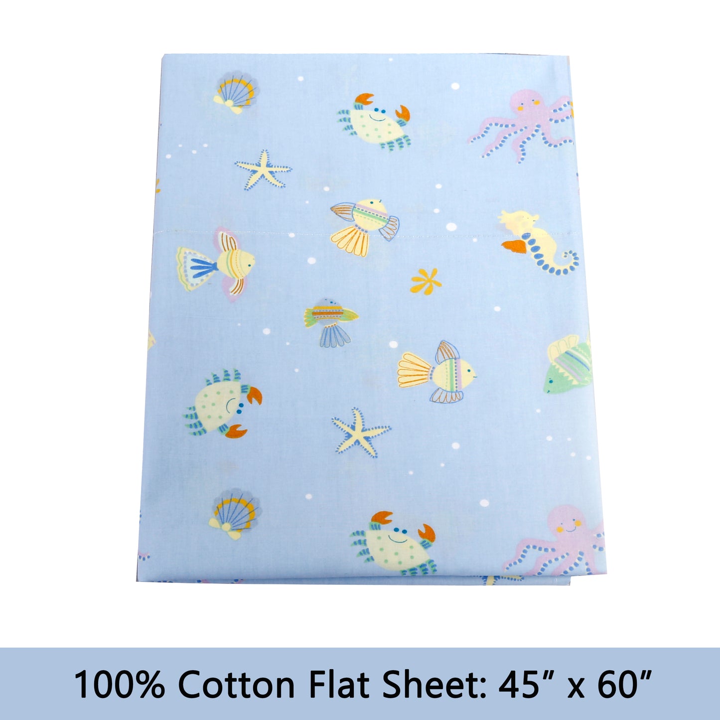 3-Piece Crib/Toddler Cotton Sheet Set Blue Beach Sea Shells Ocean Critters Fish