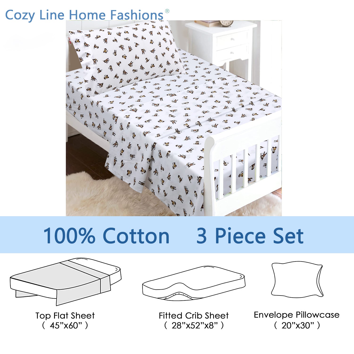 3-Piece Crib/Toddler Cotton Sheet Set White Brown Monkey Around