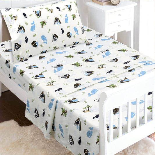 3-Piece Crib/Toddler Cotton Sheet Set White Blue Ocean  Whale Ships Sail Monkey Island