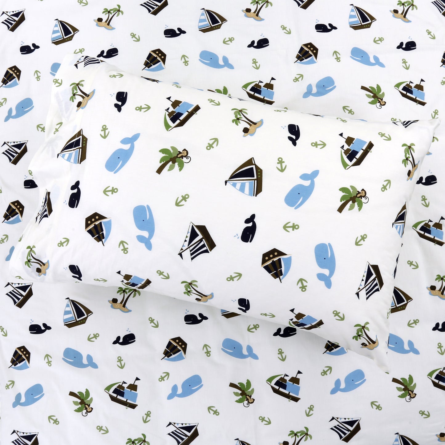 3-Piece Crib/Toddler Cotton Sheet Set White Blue Ocean  Whale Ships Sail Monkey Island