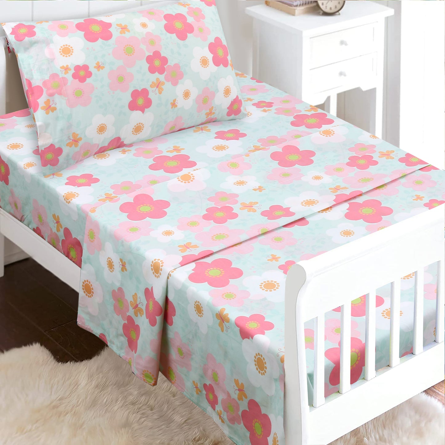 3-Piece Crib/Toddler Cotton Sheet Set Teal Pink Flower Rosa Flourish Butterfly