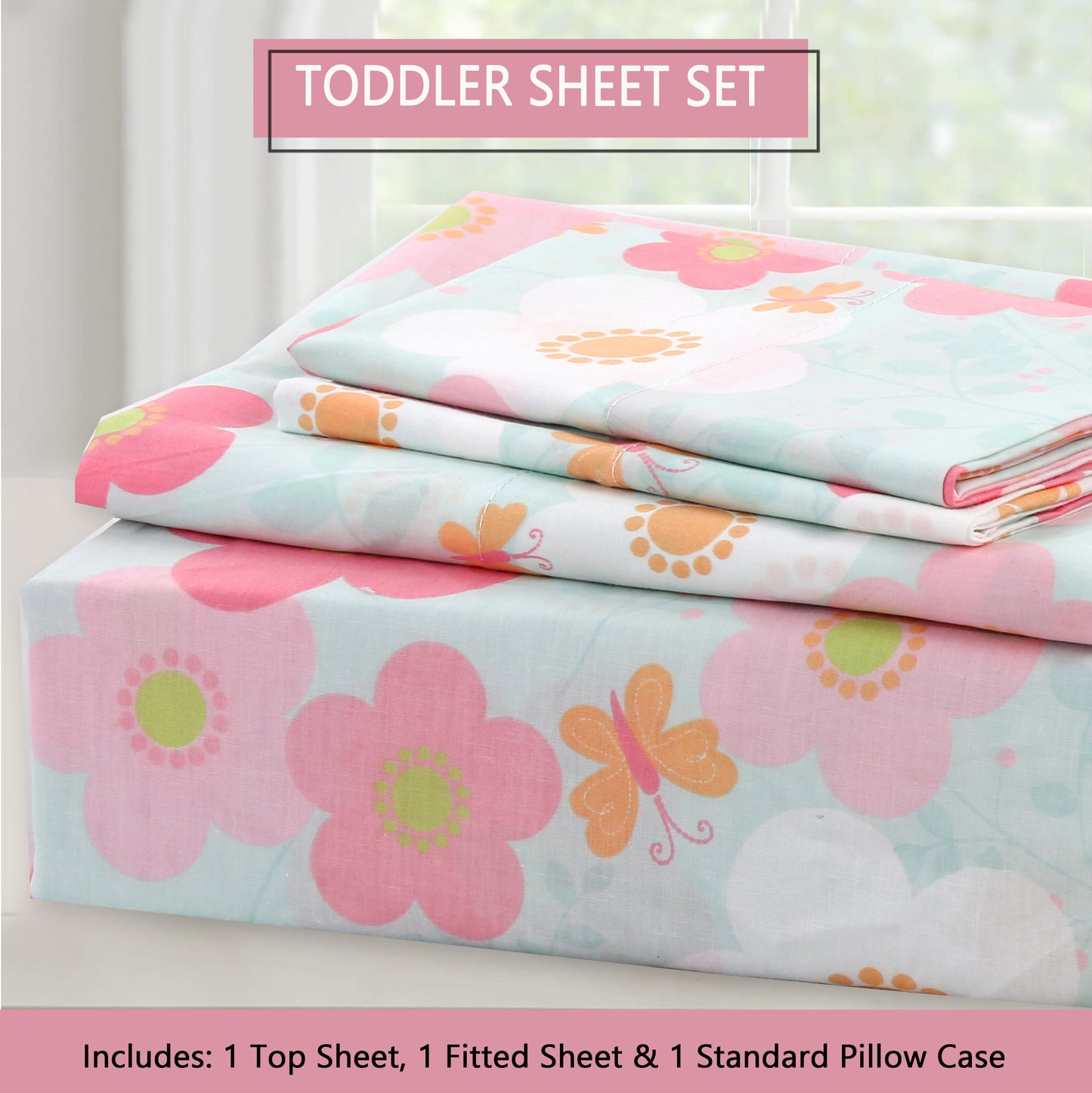 3-Piece Crib/Toddler Cotton Sheet Set Teal Pink Flower Rosa Flourish Butterfly