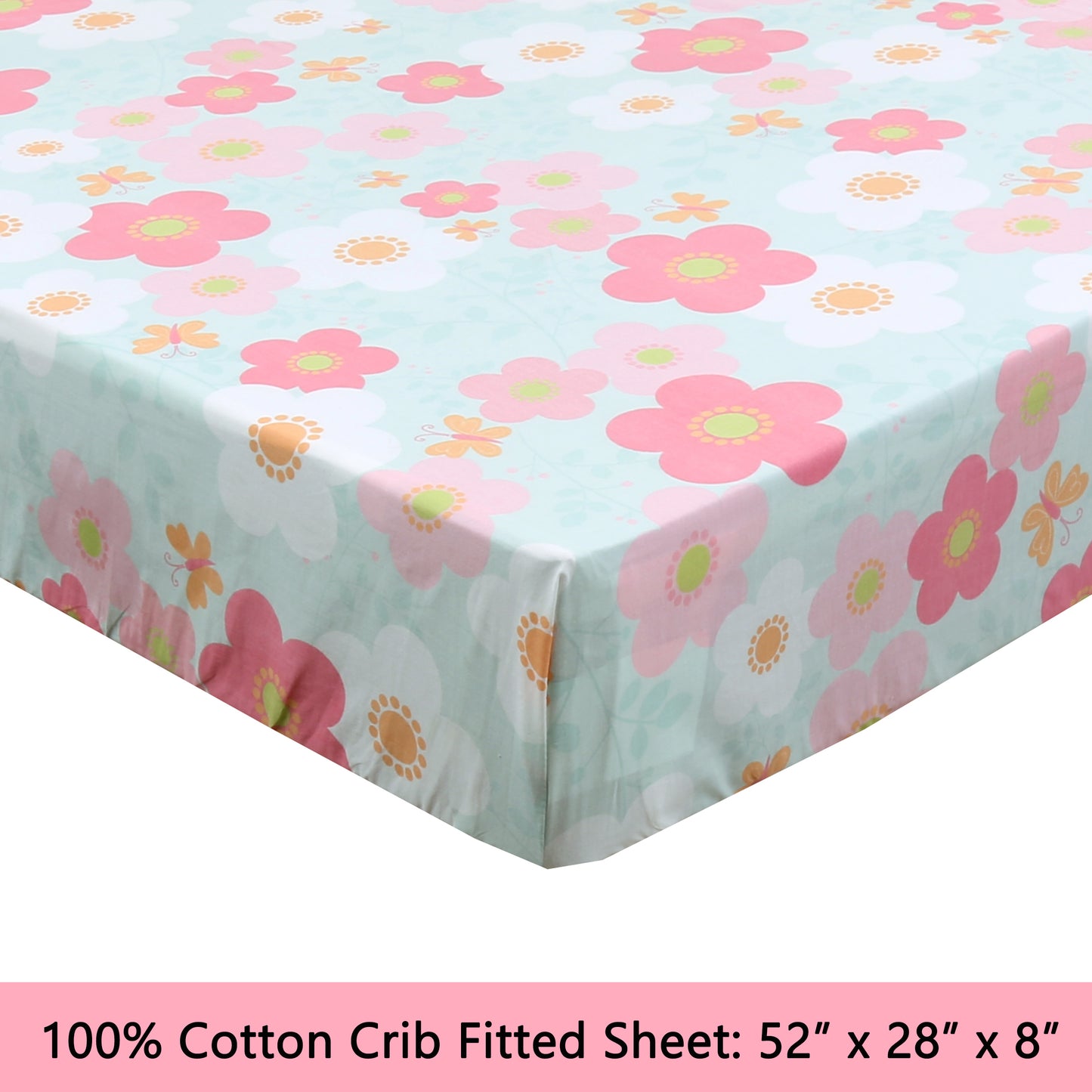 3-Piece Crib/Toddler Cotton Sheet Set Teal Pink Flower Rosa Flourish Butterfly