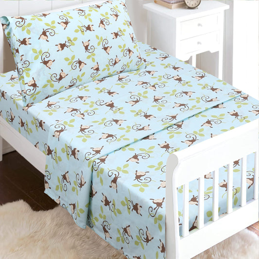 3-Piece Crib/Toddler Cotton Sheet Set Blue Jungle Monkey Tails Swing
