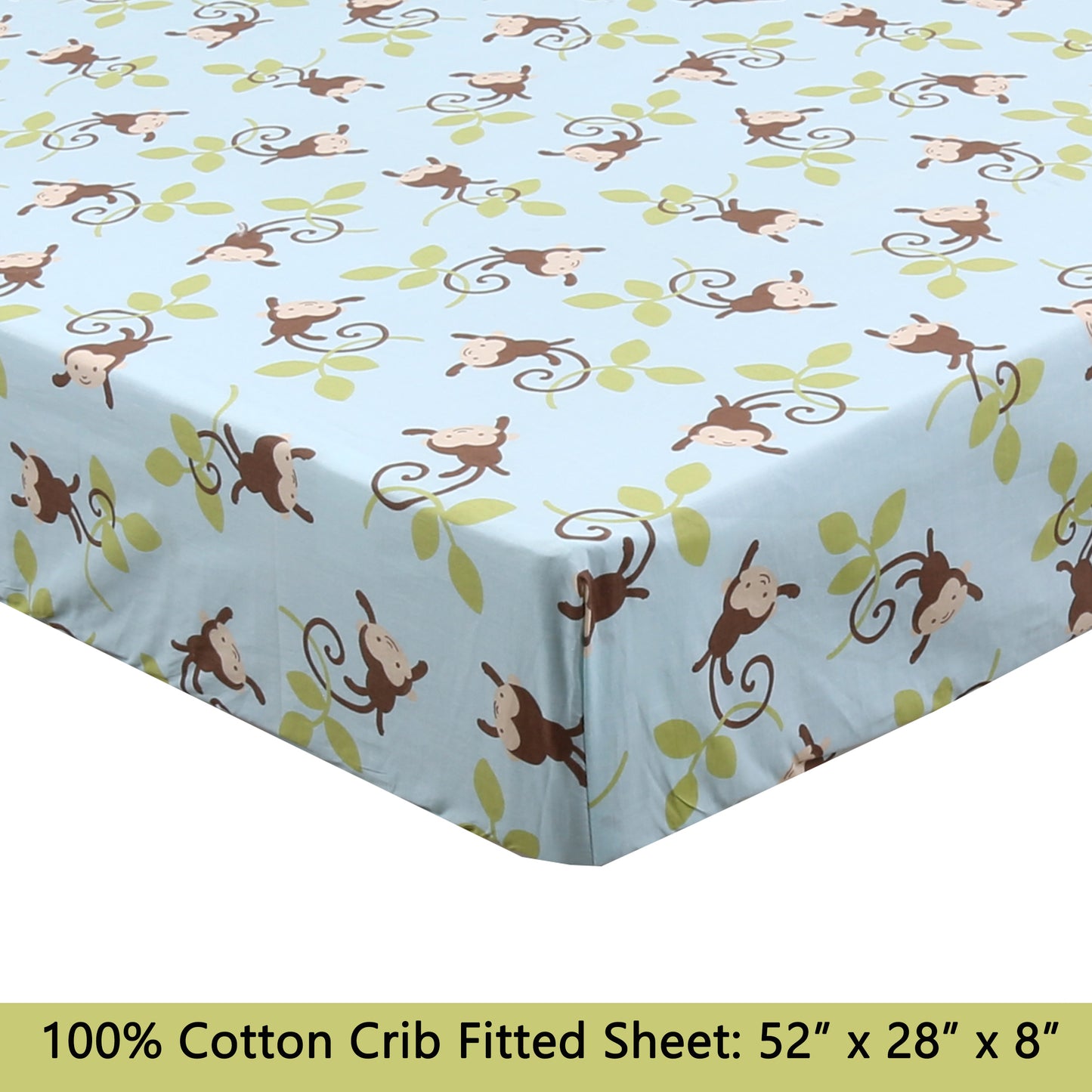 3-Piece Crib/Toddler Cotton Sheet Set Blue Jungle Monkey Tails Swing
