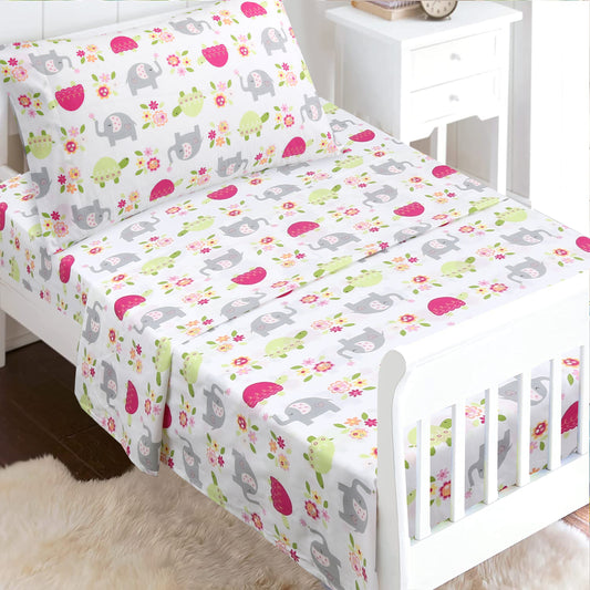 3-Piece Crib/Toddler Cotton Sheet Set White Pink Grey Sweet Floral Friends Baby Elephant Turtle