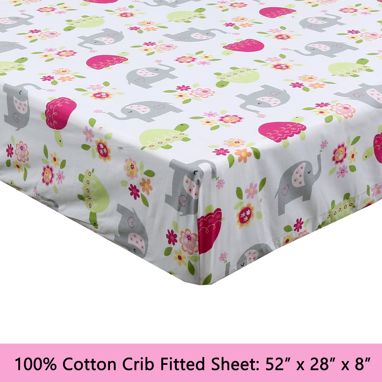 3-Piece Crib/Toddler Cotton Sheet Set White Pink Grey Sweet Floral Friends Baby Elephant Turtle