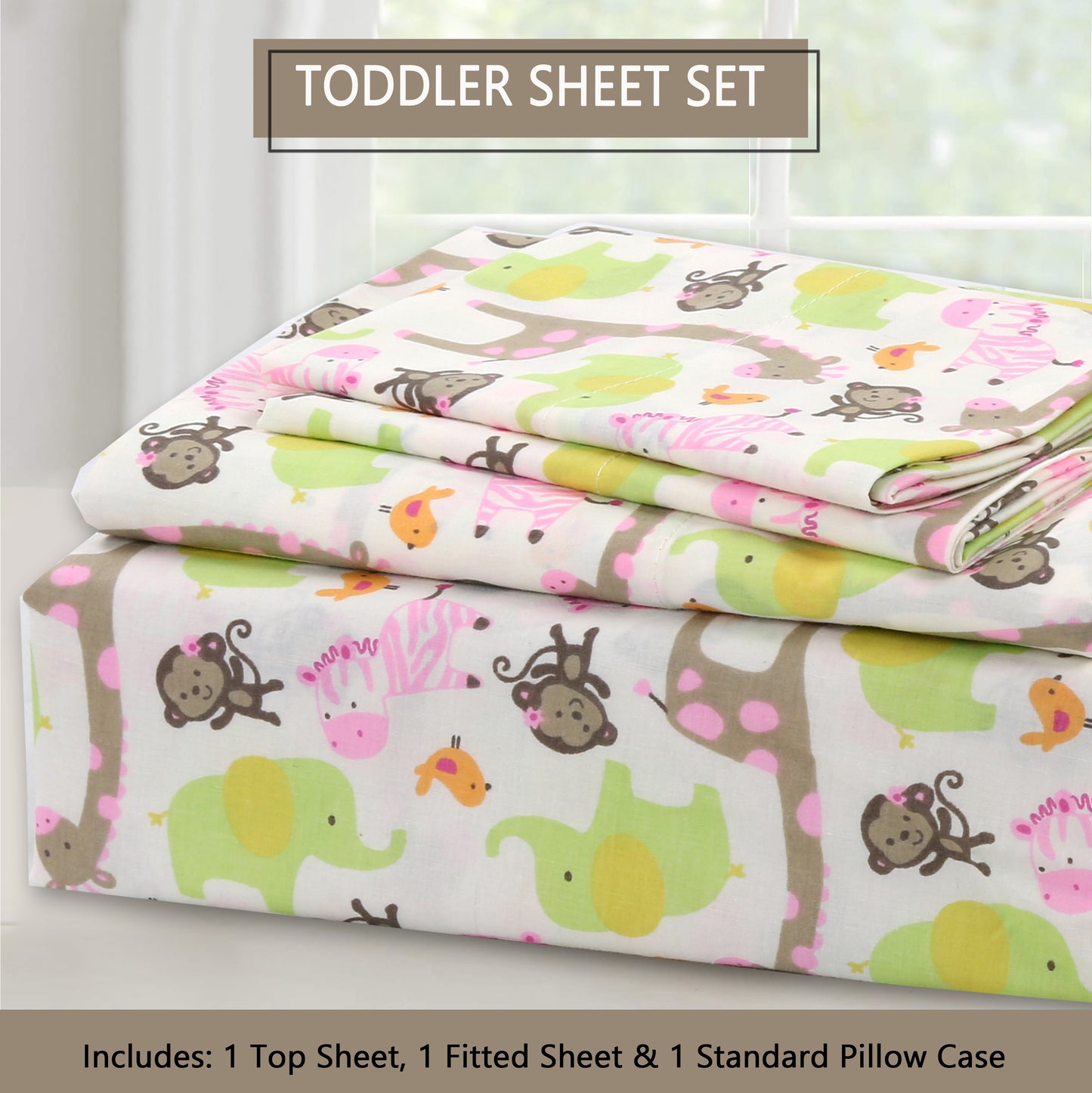 3-Piece Crib/Toddler Cotton Sheet Set Pink Jungle Zoo Animal Friends Giraffe Monkey Elephant Zebra Bird
