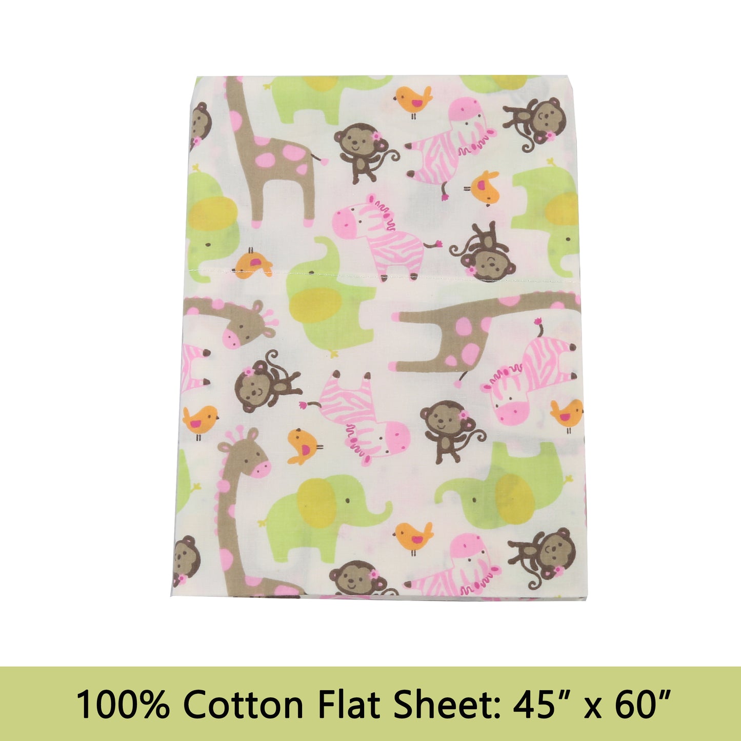 3-Piece Crib/Toddler Cotton Sheet Set Pink Jungle Zoo Animal Friends Giraffe Monkey Elephant Zebra Bird