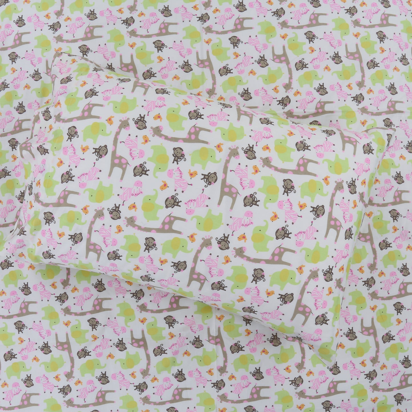 3-Piece Crib/Toddler Cotton Sheet Set Pink Jungle Zoo Animal Friends Giraffe Monkey Elephant Zebra Bird