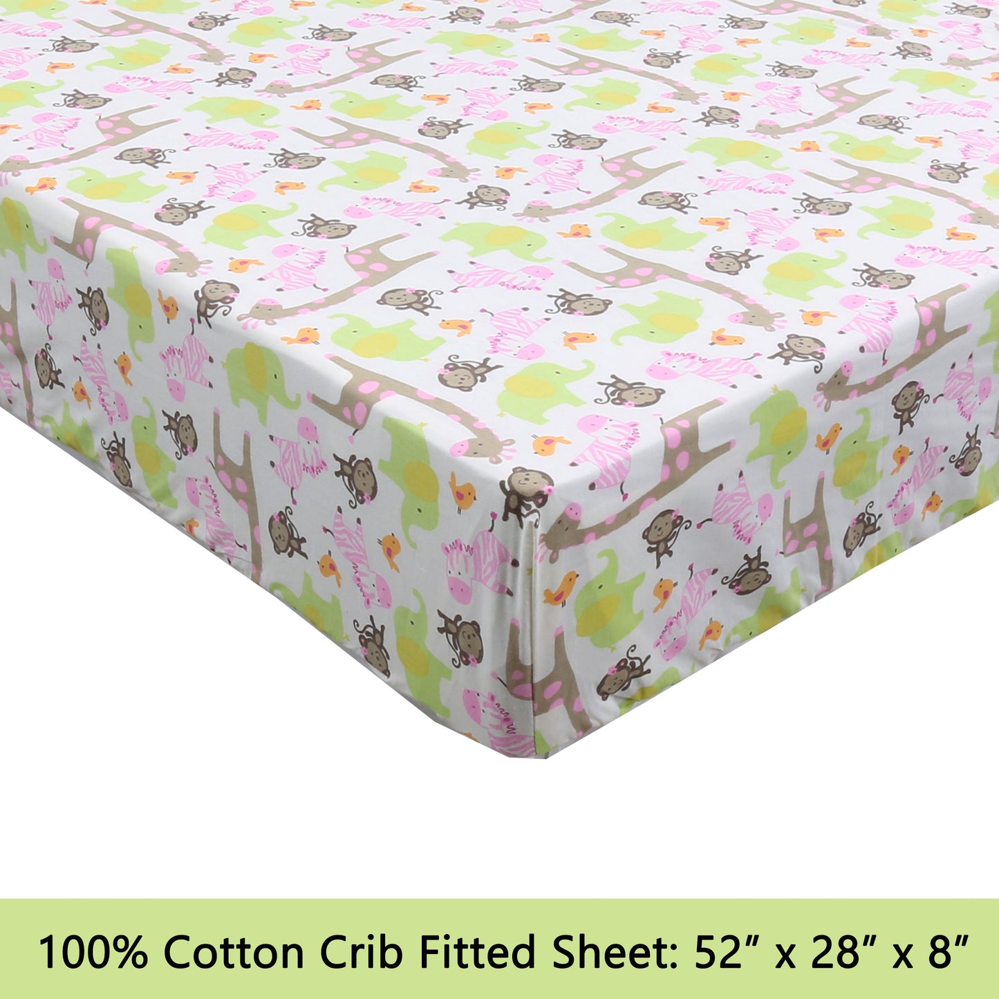 3-Piece Crib/Toddler Cotton Sheet Set Pink Jungle Zoo Animal Friends Giraffe Monkey Elephant Zebra Bird