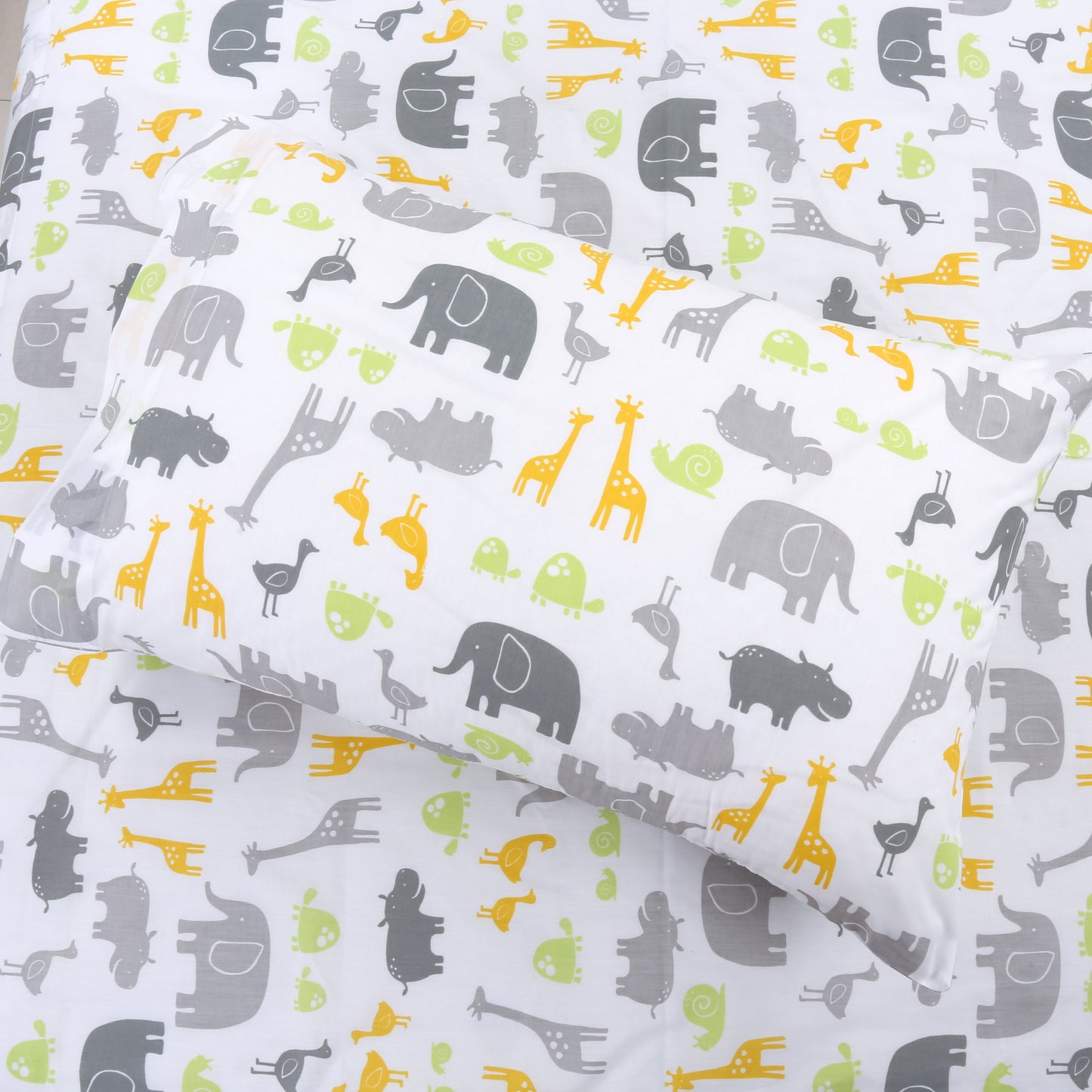3-Piece Crib/Toddler Cotton Sheet Set Grey Yellow Safari Fun Animals Elephant Giraffe Hippo