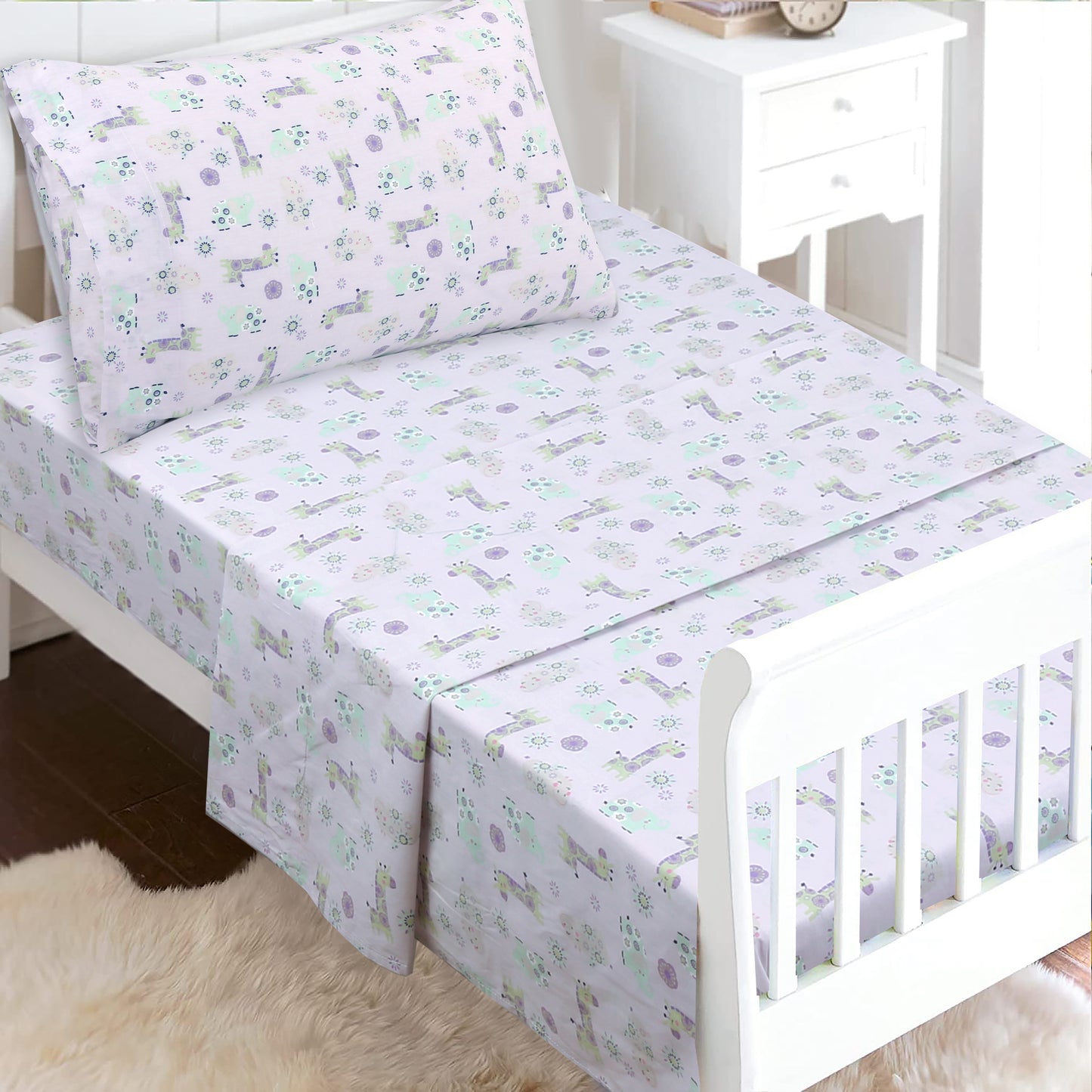 3-Piece Crib/Toddler Cotton Sheet Set Pink Gypsy Floral Spirograph Animals Giraffe Hippo Elephant