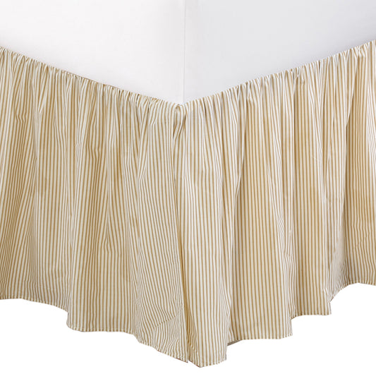 Tailored Bed Skirt Farmhouse Ticking Cream Caramel Cotton Striped Ruffled Dust Ruffle,  16" Drop