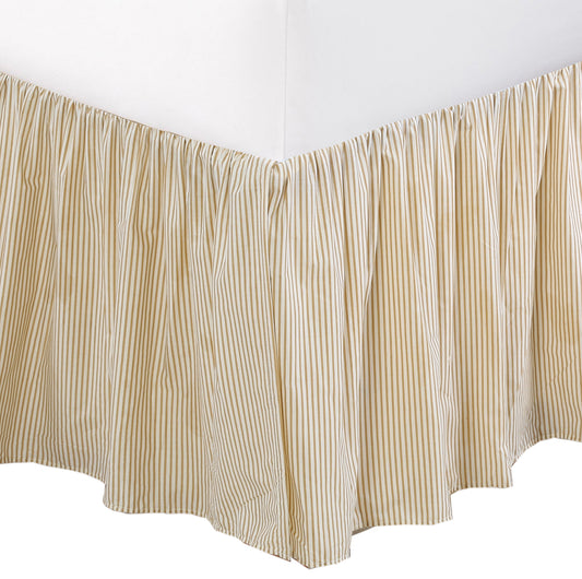 Tailored Bed Skirt Farmhouse Ticking Cream Caramel Cotton Striped Ruffled Dust Ruffle,  16" Drop