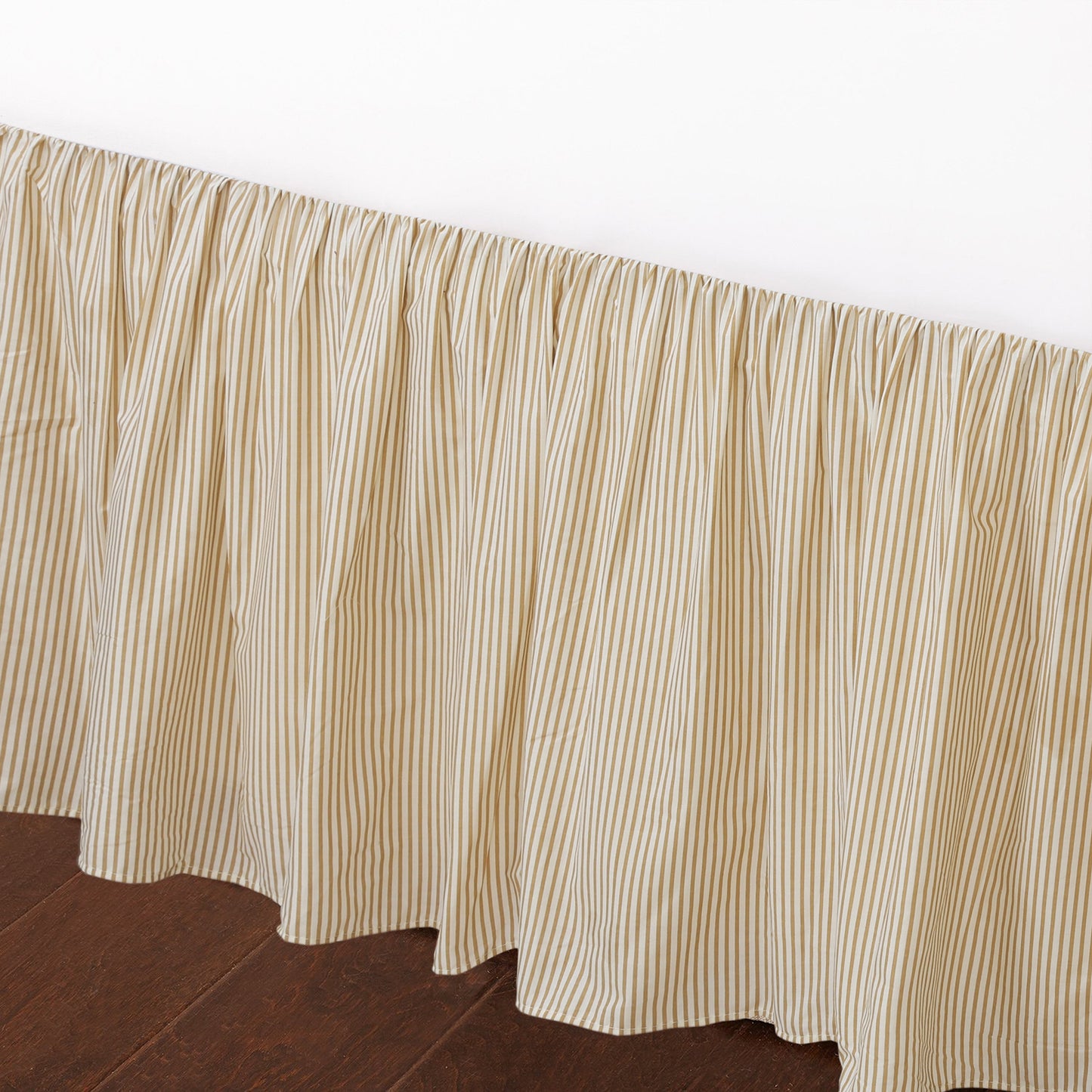 Tailored Bed Skirt Farmhouse Ticking Cream Caramel Cotton Striped Ruffled Dust Ruffle,  16" Drop