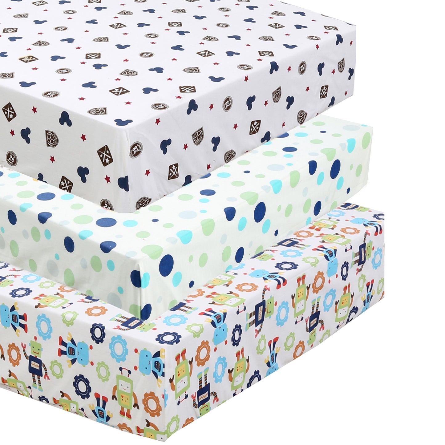 3 Piece Crib/Toddler Cotton Fitted Sheets Blue Green Mickey & Robot Baseball Sports Transportation