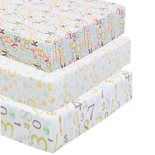 3 Piece Crib/Toddler Cotton Fitted Sheets Colorful ABC 123 Letters & Numbers Polka Dots