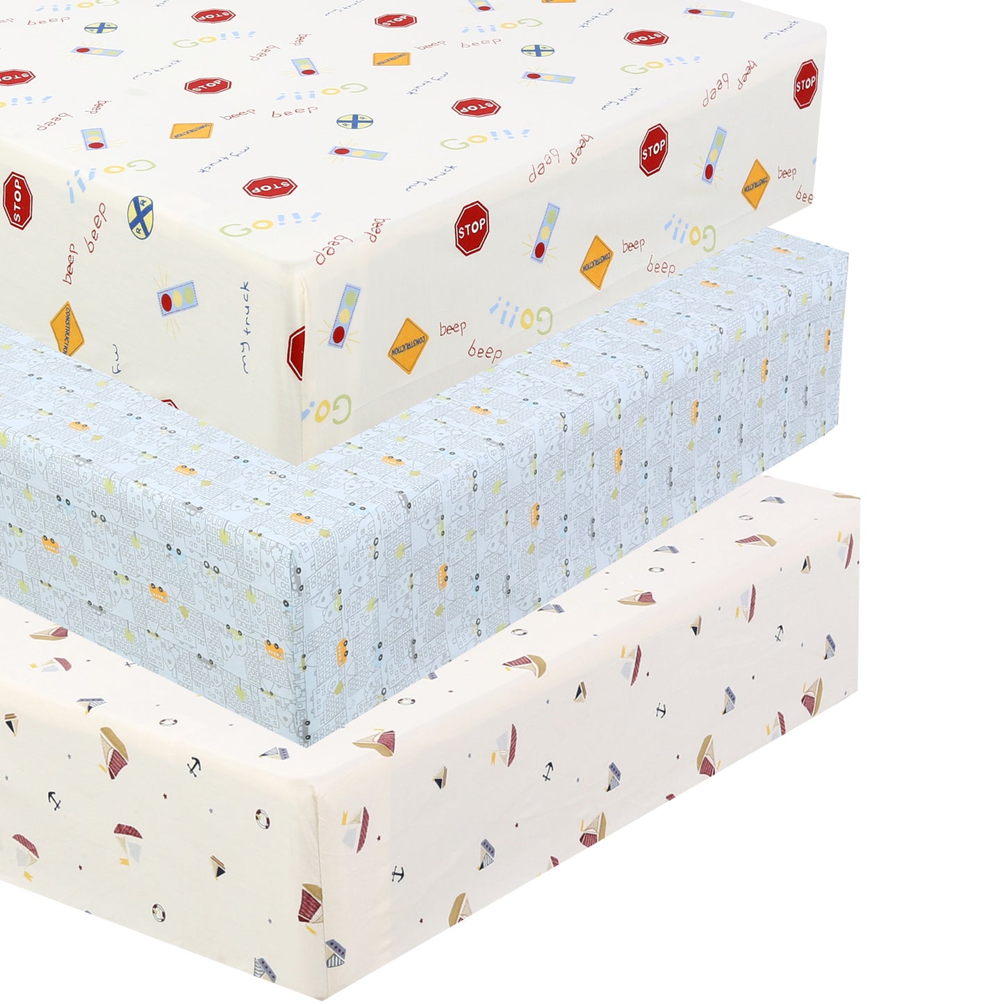 3 Piece Crib/Toddler Cotton Fitted Sheets Colorful Blue Red City Cars Boats Transportation Signs