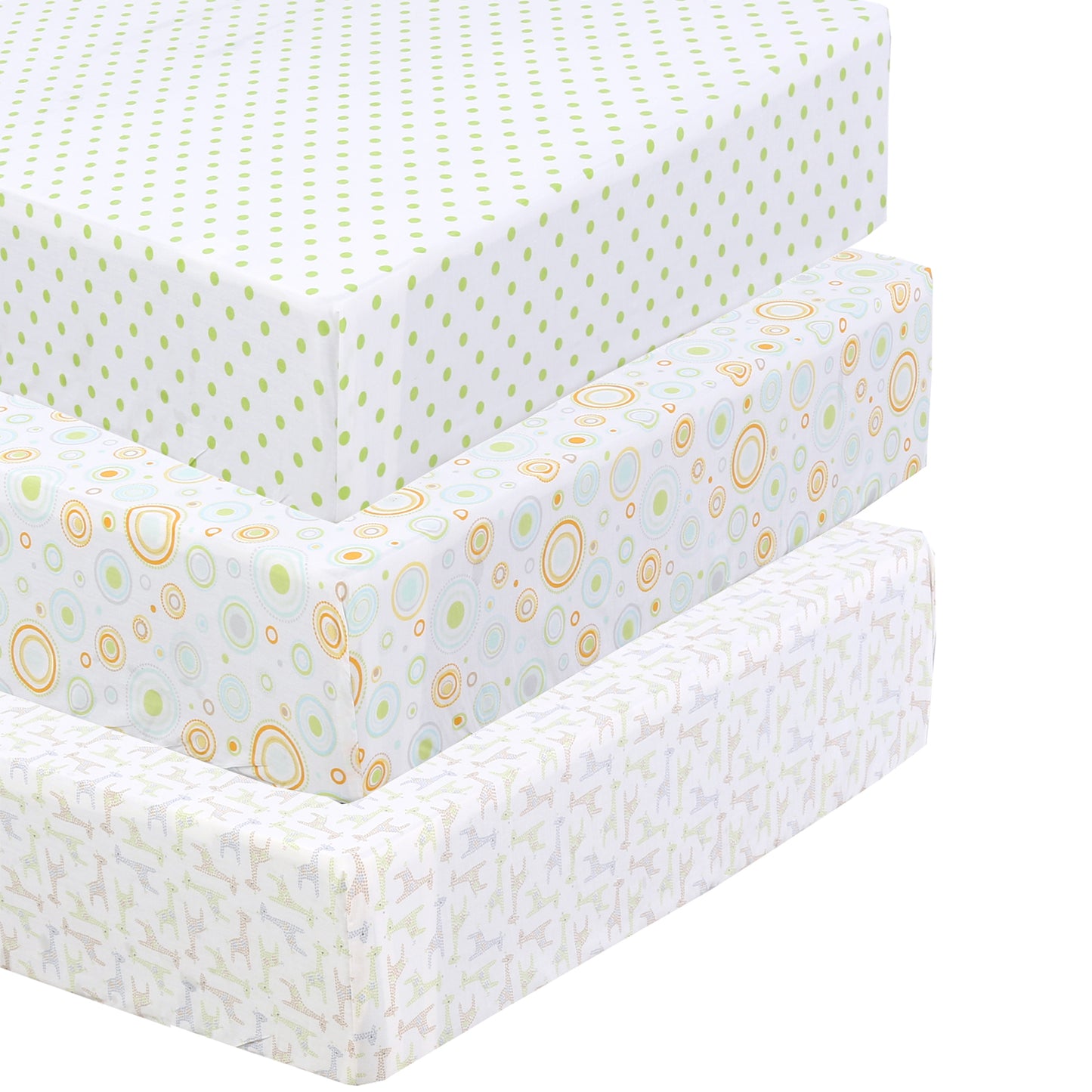 3 Piece Crib/Toddler Cotton Fitted Sheets Green Yellow Polka Dots & Giraffes