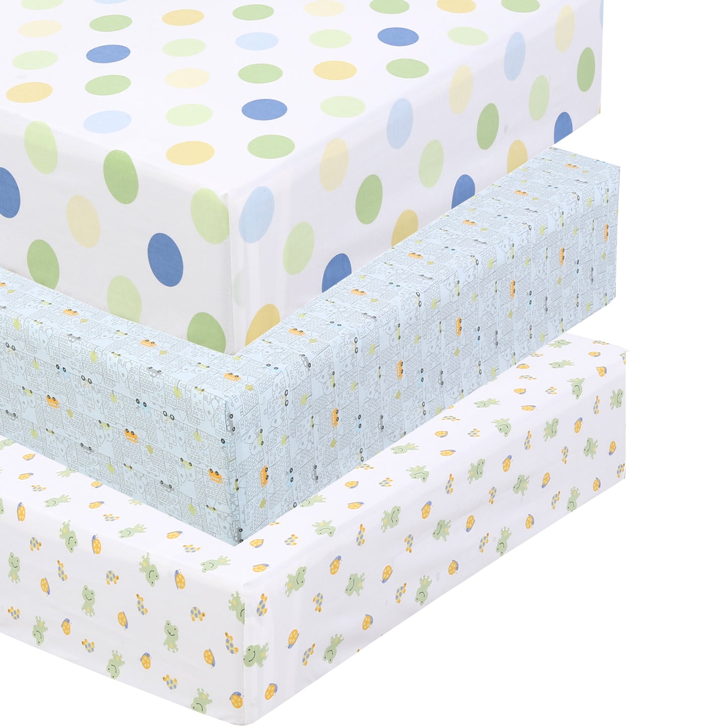 3 Piece Crib/Toddler Cotton Fitted Sheets Blue Green Yellow Polka Dots City Cars & Critters Frog
