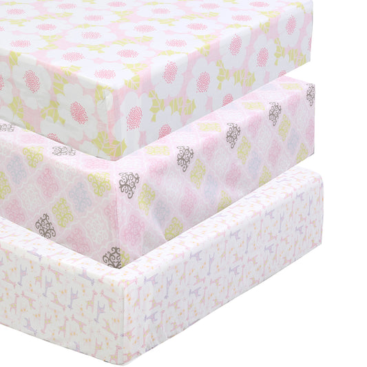 3 Piece Crib/Toddler Cotton Fitted Sheets Pink Purple Poppy Floral Damask Giraffes