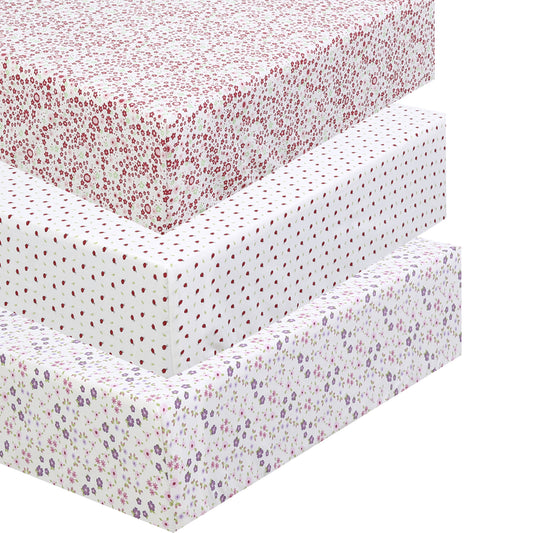 3 Piece Crib/Toddler Cotton Fitted Sheets Pink & Purple Ditsy Floral Red Lady Bug