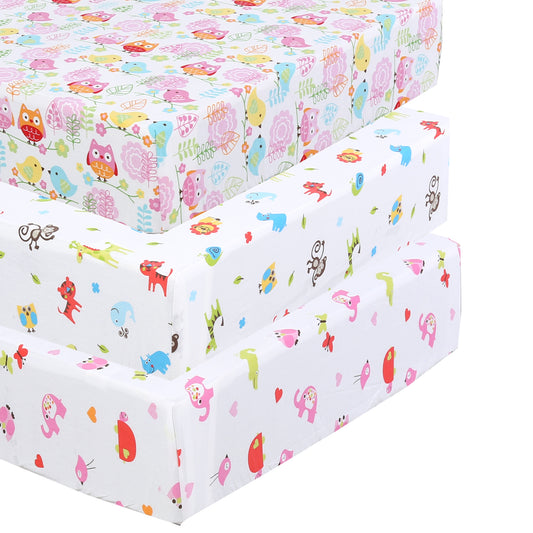 3 Piece Crib/Toddler Cotton Fitted Sheets Pink Colorful Owls Birds Zoo Animals Heart