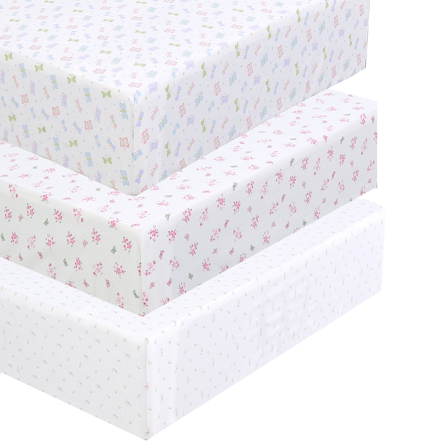 3 Piece Crib/Toddler Cotton Fitted Sheets Pastel Pink Purple Butterfly Floral Blossoms