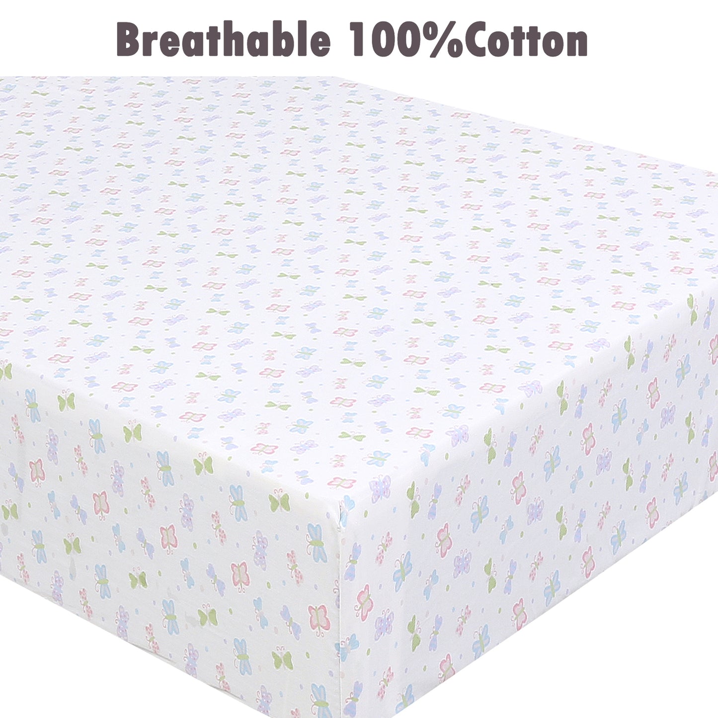 3 Piece Crib/Toddler Cotton Fitted Sheets Pastel Pink Purple Butterfly Floral Blossoms