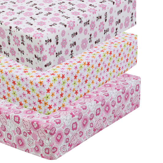3 Piece Crib/Toddler Cotton Fitted Sheets Minnie's Pink Garden Butterfly Peony Floral Blossoms