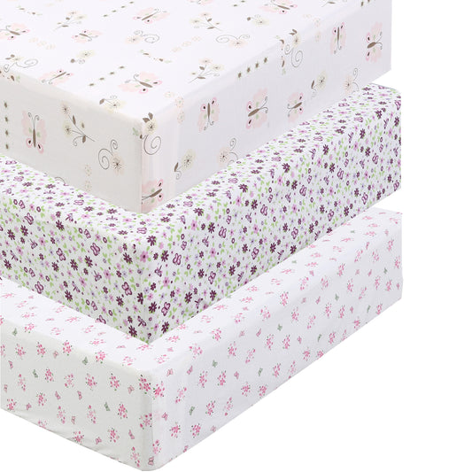 3 Piece Crib/Toddler Cotton Fitted Sheets Pink Purple Butterfly Floral Blossoms
