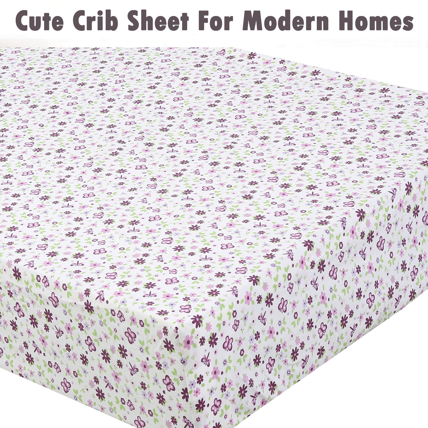 3 Piece Crib/Toddler Cotton Fitted Sheets Pink Purple Butterfly Floral Blossoms