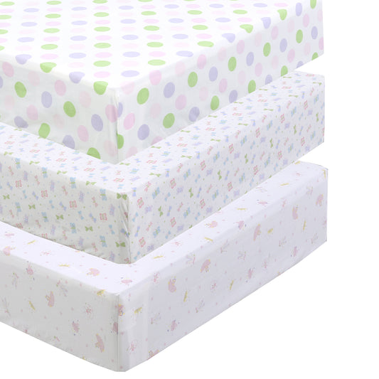 3 Piece Crib/Toddler Cotton Fitted Sheets Pink Purple Polka Dot Butterfly Floral Princess